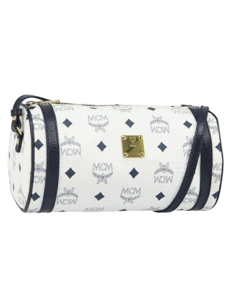 Authentic Mcm Vicetos Logogram Shoulder Bag Pvc Leather White Gold